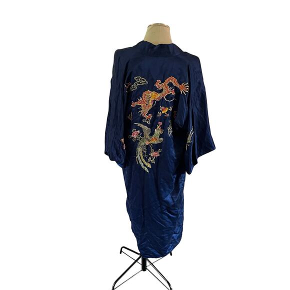Vtg Chinese Dragon Embroidered 100% Silk Robe Sz S - Picture 1 of 13